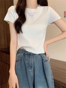 Summer Women Round Neck T-shirt Casual Short Sleeved Shirt Thin Knit Top # F1147