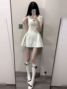 Váy Ngắn Chữ a Ôm Vừa Vặn Họa Tiết Chấm Bi Màu Trắng Cho Nữ Mùa Hè Thiết Kế Eo Cao Váy Ngắn Cotton Polyester Spandex Cổ Vuông Không Tay