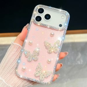 Jewelled Border Pearl Butterfly Glitter Phone Case for IPhone 17 Air 16E 17 16 15 14 13 Pro Max Transparent Cover