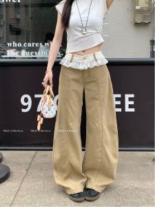 Khaki Color High Waist Wide Leg Jeans Womens Fashionable Autumn Lace Trimmed Denim Pants Straight Cut Floor Length Trousers