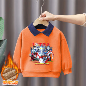 Boys Hoody Winter Warm Fleece-Lined Thickened Ultraman Boy Polo Shirt Gym Clothes Lapel Long Sleeves Trendy