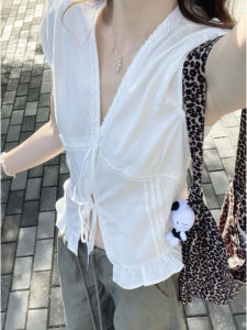 YUEZHONGWEI | Áo sơ mi nữ tay ngắn cổ chữ V ren viền thắt nơ màu trắng dáng ôm mùa hè phong cách Pháp ngắn tay áo sơ mi nữ