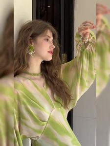 Resort Style Arc-shaped High-waist Lantern Sleeve Dress with French Ombre Print