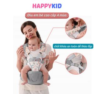 Địu cho bé thông minh Happykid đai định hình hỗ trợ 4 tư thế ngồi 30 độ chống gù mềm mịn thoáng khí an toàn khi đi xe máy oto phù hợp bé 0 -3 tuổi màu xám