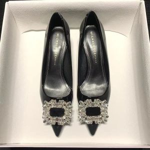 Pointed Toe Single Shoes for Women with Water Diamond Square Buckle Thick Heel Professional Work Shoes Comfortable Black Fashion