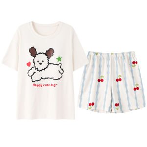 Miiow | Pure Cotton Womens Summer Sleepwear Thin Short Sleeve Cute Sweet Casual Home Clothes Set Comfortable Breathable Moisture Wicking