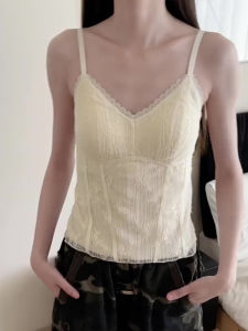 Áo Ba Lỗ Ren Kiểu Pháp Có Đệm Ngực Áo Ba Lỗ Nữ Mùa Hè Che Bụng Thon Gọn Áo Lót Trong Suốt Áo Ba Lỗ Cổ Chữ V Tay Rộng