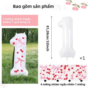 Bóng Bay Kỹ Thuật Số Màu Trắng 32 Inch Có Dán Hình Quả Anh Đào Và Nơ Dành Cho Tiệc Sinh Nhật Kỷ Niệm - Bóng Bay Tròn Trang Trí