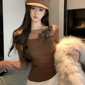 GUZILIAN | Elegant Knitted Floral Design Womens Top Slim Fit Stylish Unique Inner Wear Spring Commute Style Pear Shape Suitable Long Sleeve Round Neck