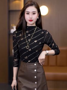 Womens Thickened Half High Collar Fleece Lined Shiny Rhinestone Base Shirt Fashionable Warm Inner Wear Korean Style Long Sleeve