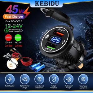 KEBIDU 45W Car USB Charger Dual QC3.0 Ports Smart Trickle Charging No Overcharge Universal 12-24V For iPhone Android Multiple Devices