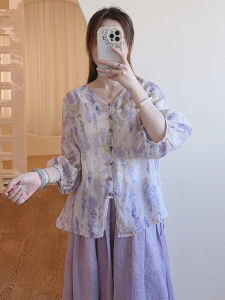 Spring Summer New Retro V-Neck Thin Hemp Print Three-Quarter Sleeve Versatile Womens Shirt Casual Loose Fit Floral Embroidery