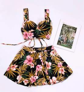 Đồ bơi nữ siêu nâng ngực che khuyết điểm phối váy xoè bigsize họa tiết hoa lá sặc sỡ đi biển bơi đẹp Áo tắm Bikini SG