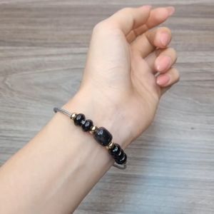 Q736 Vòng cáp lu thống Thạch Anh Tóc Đen ngũ điếu Ngọc Agate Đen Thủy và Mộc - Phong Thuỷ TUDO P