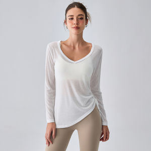 Mitaogirl Long Sleeve Mesh Yoga Fitness Clothing Loose Womens Sportswear Quick Dry Breathable T-Shirt for Gym And Yoga