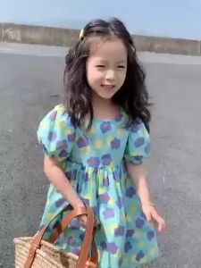 เดรสเด็กผู้หญิง เดรสลายดอก แขนพองเปิดหลัง เดรสเด็ก เดรสเเฟชั่นเด็ก เดรสลายดอกไม้