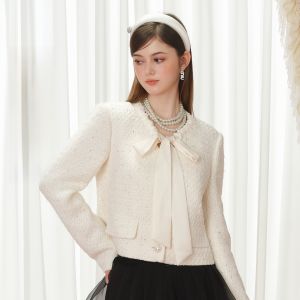 TAMMY TANGS | Sugar Power 2025 Autumn New Style Short Outerwear Womens Fashion Satin Mixed Weave Pearl Button Glittering V-neck Coat