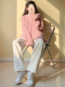 กางเกงขายาวทรงหลวมผ้ากำมะหยี่สีขาวเอวสูงทรงตรงลำลองแฟชั่นสำหรับฤดูใบไม้ผลิและฤดูใบไม้ร่วง