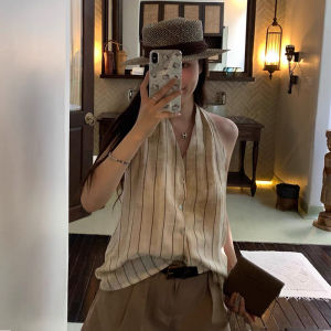 Loose Womens Stripe Shirt Vest Summer New Style Hanging Neck Sleeveless Top Slimming Versatile Polyester Fiber Commute Style