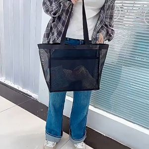 1pc Mesh Bag Travel Beach Bag Large Net Handbag Toiletry Storage Bag Waterproof Tote Shopping Bag for Home Office