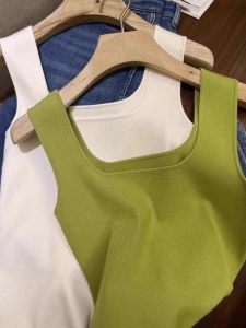 HUOLISI | Green Ice Silk Knit Spaghetti Strap Square Neck Top
