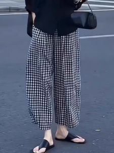 กางเกงขายาวทรงหลวมเอวสูงลายสก็อตสำหรับผู้หญิง กางเกงขายาวทรงหลวมสไตล์ลำลองสำหรับฤดูร้อน ทรงหลวม เอวสูง ทรงหลวม แฟชั่น