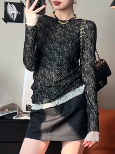 QINGNAER | Fashion Simple Lace Mesh Top Long Sleeve