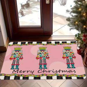 VIKAMA Merry Christmas Nutcracker Doormat Non Slip Entrance Floor Mat Pink Stripe Front Door Holiday Home Decor Rug