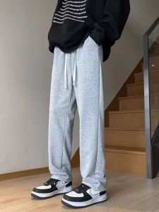 Gray Fleece Lined Straight Leg Mens Sweatpants Spring Autumn Casual Sports Thickened Trendy Loose Long Trousers
