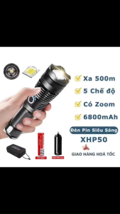 Đèn Pin Siêu Sáng Công Suất Cao XHP50 Chiếu Xa 500m Hợp Kim Nhôm Cao Cấp Chống Nước Pin Trâu