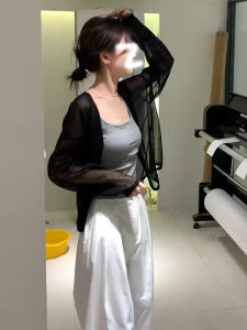 Black Ice Silk Sun Protection Open Top Coat for Women Lightweight Summer Style with Drawstrings New Arrival 2024 Air Conditioning Clothing