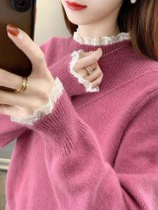 Thickened Knitted Sweater Half High Collar Lace Splice Womens Base Shirt Inner Wear Outer Wear Fake Collar Tie Clip