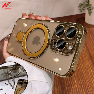 Luxury Plating Magsafe Bracket Case for iPhone 16 15 14 Pro Max 16 Plus Transparent Acrylic Magnetic Stand Holder PC Cover