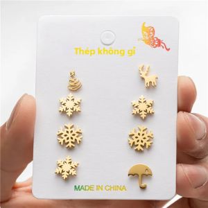 4 Đôi Thời Trang Bông Tuyết Hươu & Ô Bộ Bông Tai Đinh Mini Thép Không Gỉ Giáng Sinh Trang Sức Dành Cho Nữ Và Nam