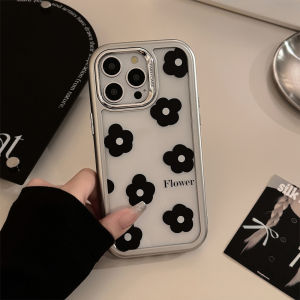 Simple Korean Style Acrylic Flower Phone Case Transparent Electroplated Black for iPhone 15 pro Max 14 Apple Phones Protective Cover