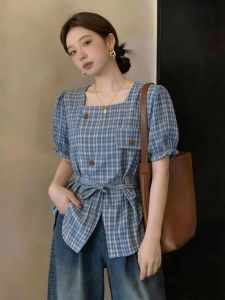 Plaid Puff Short Sleeve Slimming Design Shirt