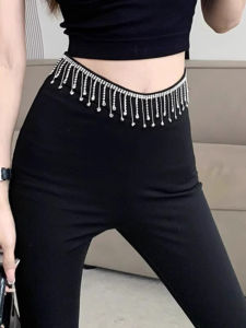 Black High Waist Draped Pants for Women with Water Diamond Tassel Long Commute Style Korean Fashion Micro Flared Pants