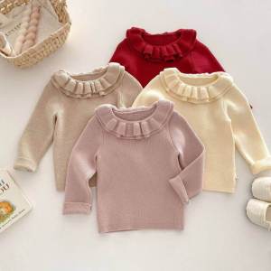 Thickened Knitted Floral Collar Sweater for Children Winter New Year Visit Clothes Girls Core Spun Yarn Knitted Top Baby Base Layer