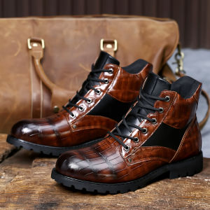 FECHENG Men Boots Autumn Spring Leather Round Toe Grid Pattern Square Heel Males Shoes Exquisite Fashion Leisure Design Men Boots