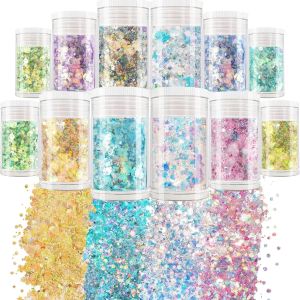 Opal Chunky Glitter- 12 Dreamy Amber Colors 5ML Each - Holographic Fine Glitter Mix Nail Glitter Iridescent &DIY Crafts