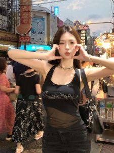 American Style Spicy Girl Rhinestone Mesh Backless Neck Hanging Small Vest Women Summer Slim Inner Black Sleeveless Outerwear Top