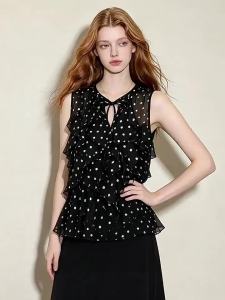 puella | Fashion Slimming Sleeveless Polka Dot V-neck Ruffled Tank Top
