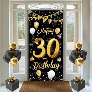 Black Gold Happy 30th Birthday Door Banner Balloon Confetti Pattern Photo Backdrop for 30 Years Old Birthday Party Decor