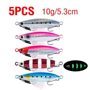 5Pcs Metal Fishing Jigs Laser Fishing Bait Luminous Slow Sinking Lure with Treble Hook and Assist Hooks