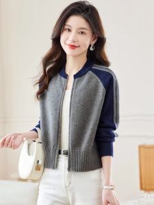 เสื้อแจ็คเก็ตสเวตเตอร์สั้นผู้หญิง ฤดูใบไม้ผลิและฤดูใบไม้ร่วง เสื้อคลุมกันหนาวแบบมีซิป ทรงหลวม แขนยาว ปกโปโล สไตล์เกาหลี