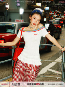 Young Stage American Style Splice Lace Short Sleeve T-Shirt Women Summer Thin Breathable One Shoulder Top Polyester Cotton Blend