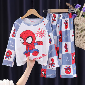 Summer Long Sleeve Long Pants Air Conditioner Suit Cartoon Childrens Sleepwear Spiderman Ultraman Superman Boys Home Clothes