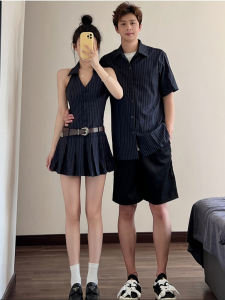 Váy Không Tay Cổ Chữ V Kẻ Sọc Cho Cặp Đôi Mùa Hè Cao Cấp Váy Chữ a Cotton Polyester Ngắn Thời Trang Quần Áo Cặp Đôi