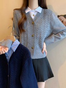 Fake Two-Piece Preppy Style Knitting Long-Sleeve Cardigan Sweater Plus Size Fat Mm2024 Autumn New Arrival Gentle Korean Style Tops