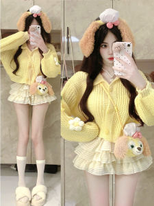 Sweet Style Short Knitted Sweater Coat V-Neck Cable Knit Cardigan Womens Anti-Aging Autumn Winter Fashion Colorful Cream Yellow